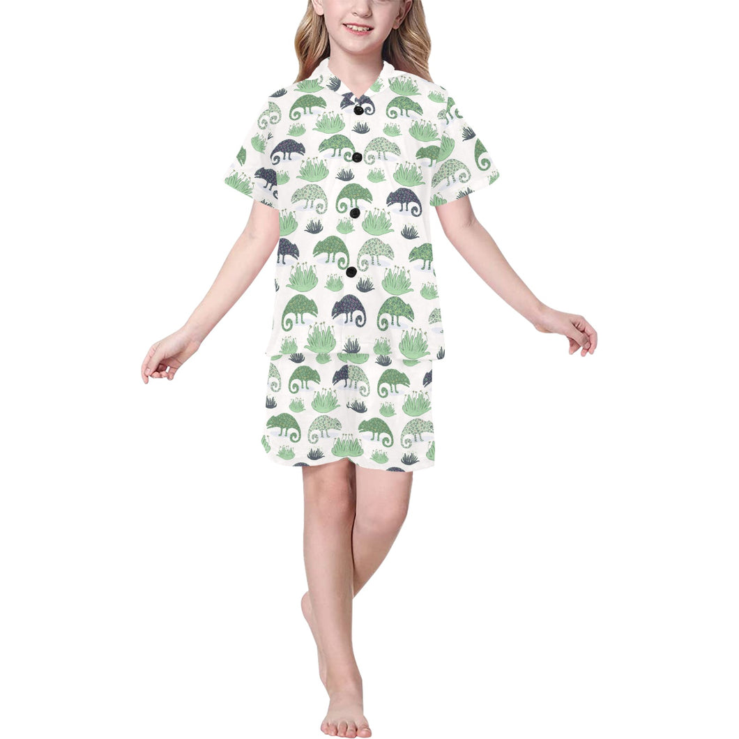 Chameleon lizard succulent plant pattern Kids' Boys' Girls' V-Neck Short Pajama Set
