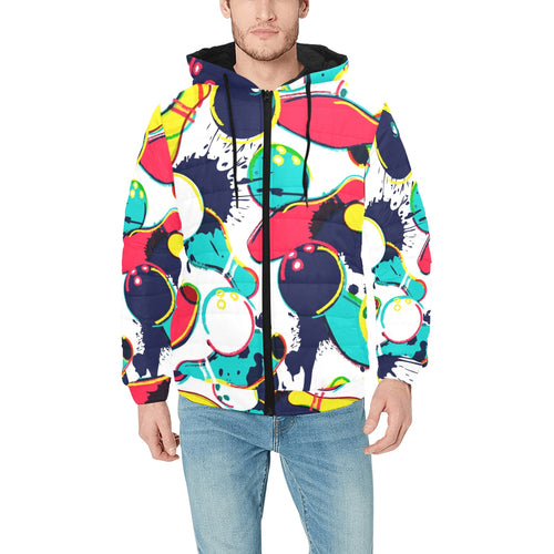watercolor bowling ball pins Men's Padded Hooded Jacket