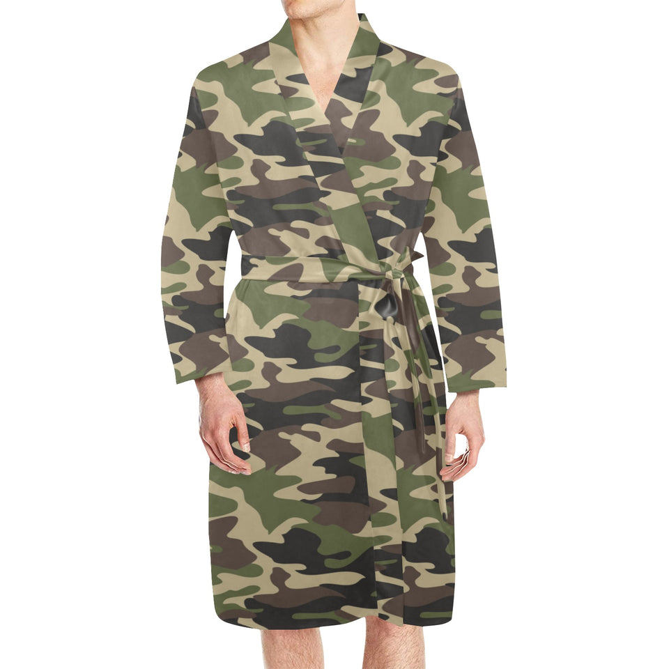 Dark Green camouflage pattern Men's Long Sleeve Belted Night Robe