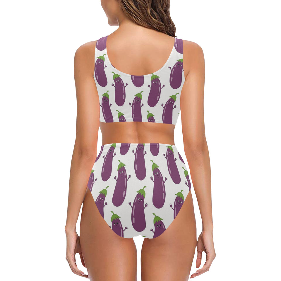 Eggplant Pattern Print Design 01 Chest Bowknot High Waisted Bikini Swimsuit