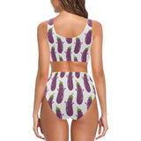 Eggplant Pattern Print Design 01 Chest Bowknot High Waisted Bikini Swimsuit