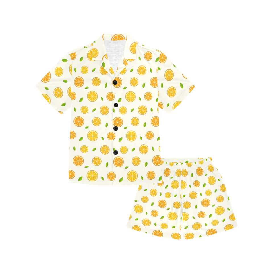 oranges leaves pattern Kids' Boys' Girls' V-Neck Short Pajama Set