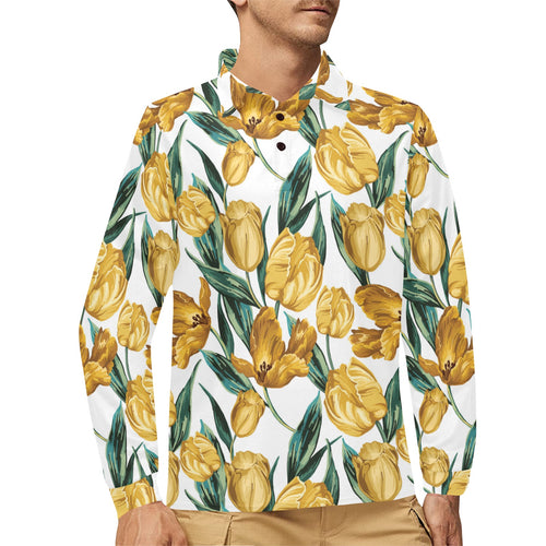 yellow tulips pattern Men's Long Sleeve Polo Shirt