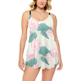 Pink lotus waterlily leaves pattern Chest Sexy Pleated Two Piece Swim Dress