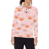 Cute fox pattern pink background Women's Long Sleeve Polo Shirt