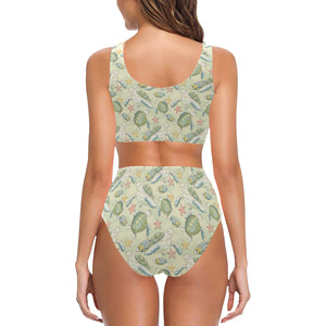 Hand drawn sea turtle fish pattern Chest Bowknot High Waisted Bikini Swimsuit