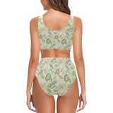Hand drawn sea turtle fish pattern Chest Bowknot High Waisted Bikini Swimsuit