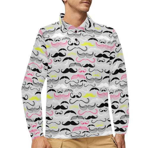Mustache Beard Pattern Print Design 02 Men's Long Sleeve Polo Shirt