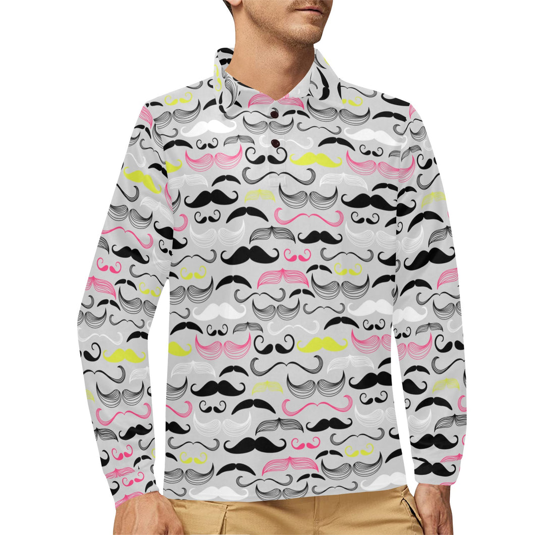 Mustache Beard Pattern Print Design 02 Men's Long Sleeve Polo Shirt