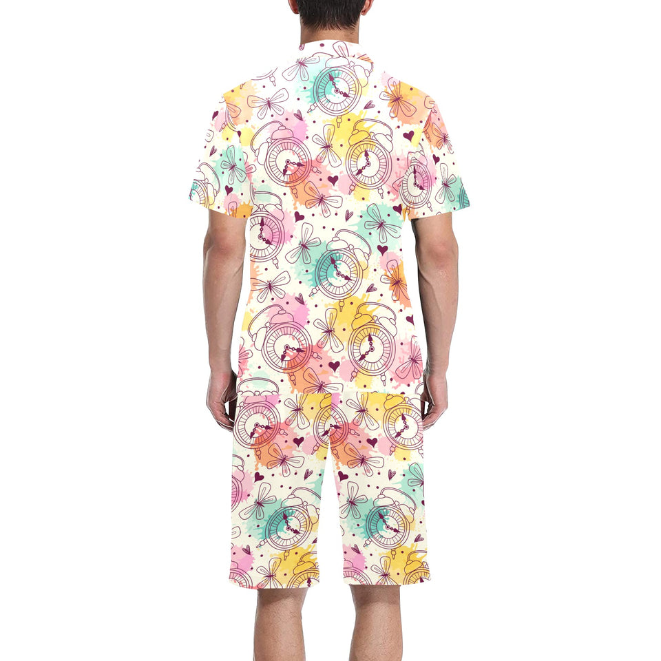 Clock butterfly pattern Men's V-Neck Short Pajama Set