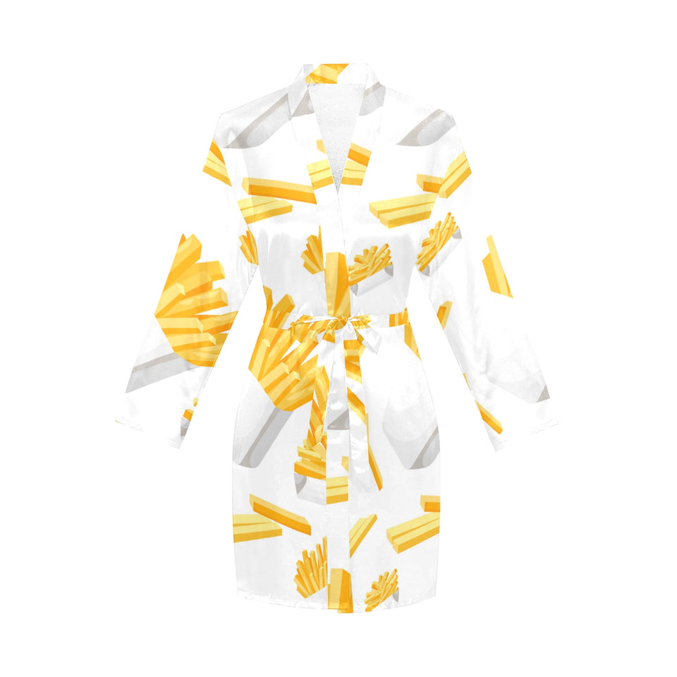French fries white paper box pattern Women's Long Sleeve Belted Night Robe