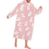 Cute white rabbit flower pink background Blanket Robe with Sleeves