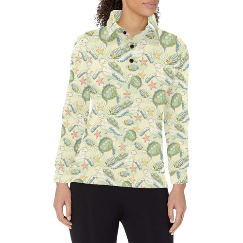 Hand drawn sea turtle fish pattern Women's Long Sleeve Polo Shirt