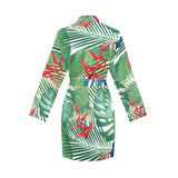 heliconia palm and monstera leaves pattern Women's Long Sleeve Belted Night Robe