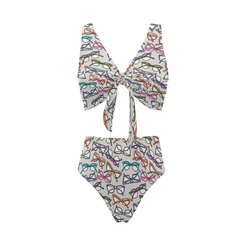 Sun Glasses Pattern Print Design 01 Chest Bowknot High Waisted Bikini Swimsuit