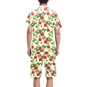 Red apples leaves pattern Men's V-Neck Short Pajama Set