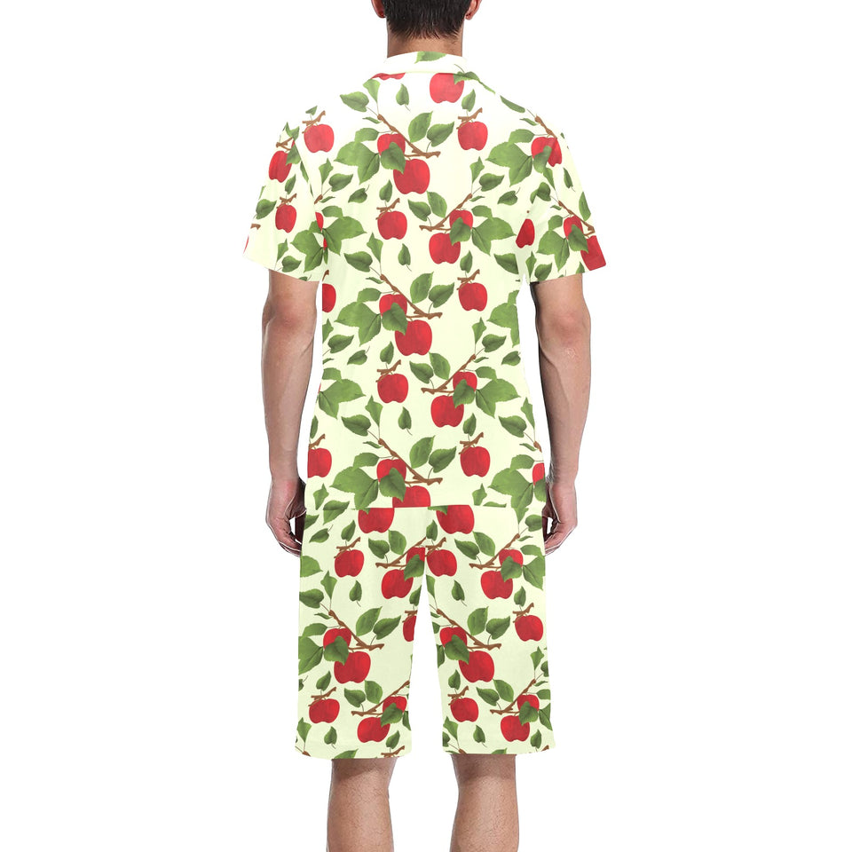 Red apples leaves pattern Men's V-Neck Short Pajama Set