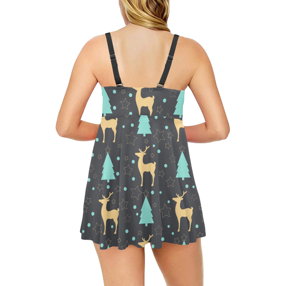 Deers star tree pattern Chest Sexy Pleated Two Piece Swim Dress