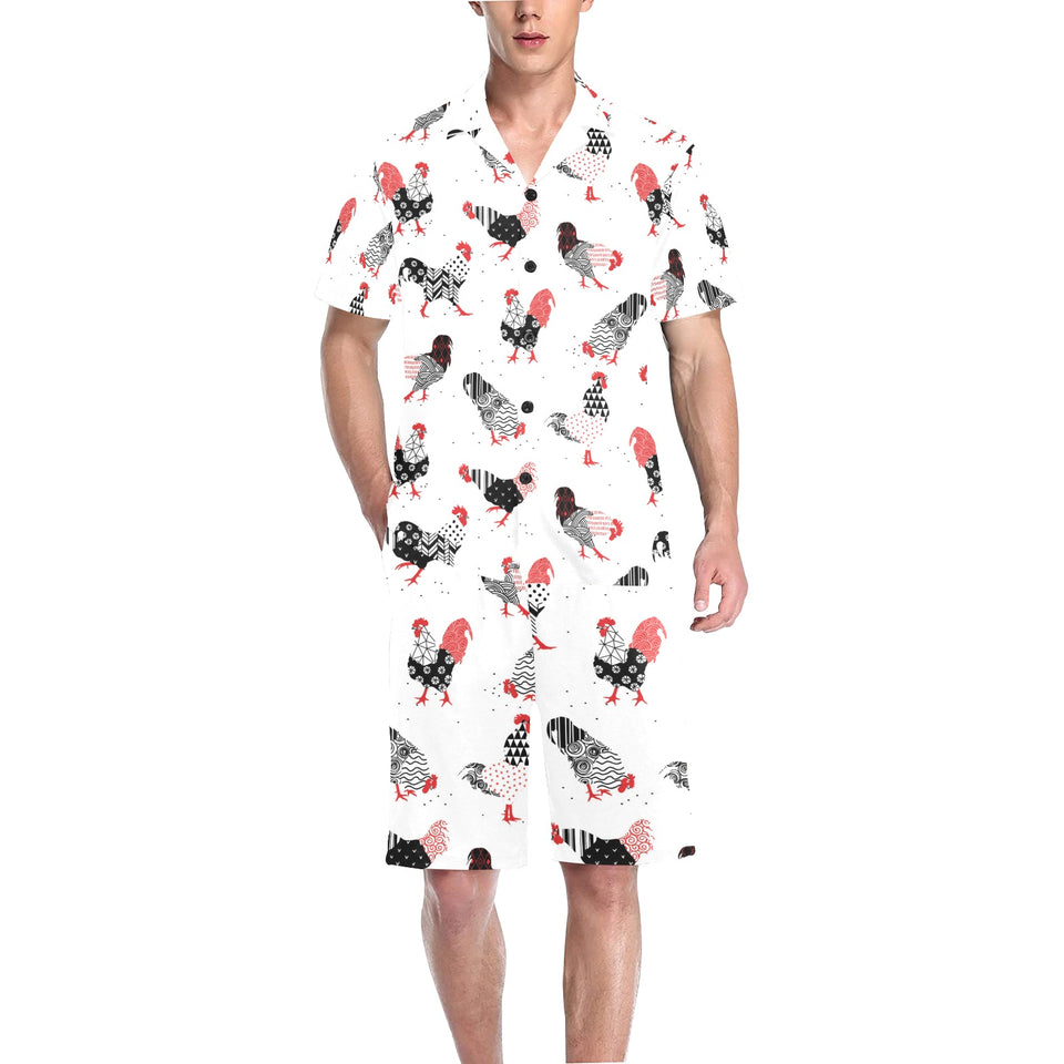 Cool rooster chicken cock floral ornament backgrou Men's V-Neck Short Pajama Set