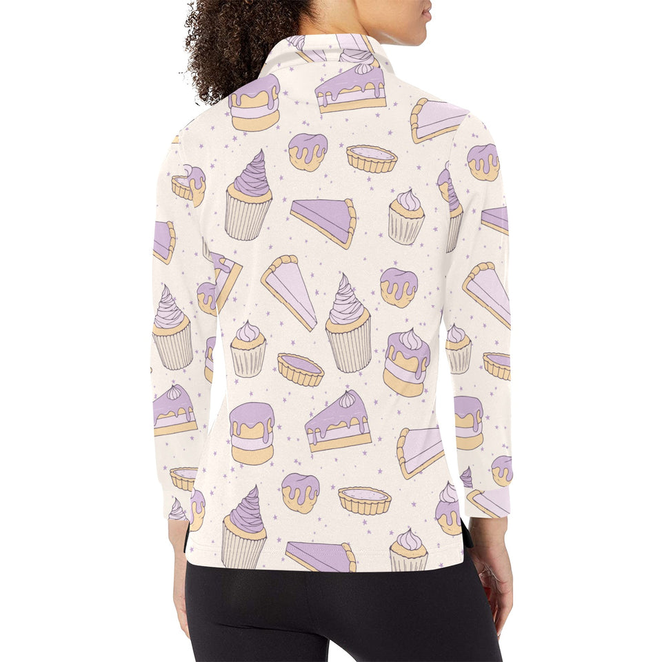Cakes pies tarts muffins and eclairs purple bluebe Women's Long Sleeve Polo Shirt