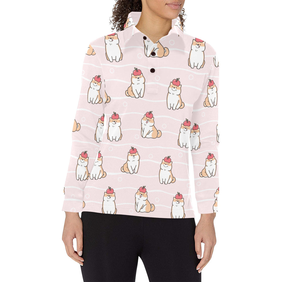 Cute Shiba Inu Dog Apple pattern Women's Long Sleeve Polo Shirt