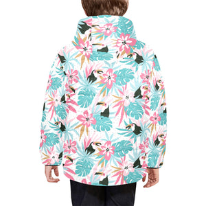 Toucan tropical flower leave pattern Kids' Boys' Girls' Padded Hooded Jacket