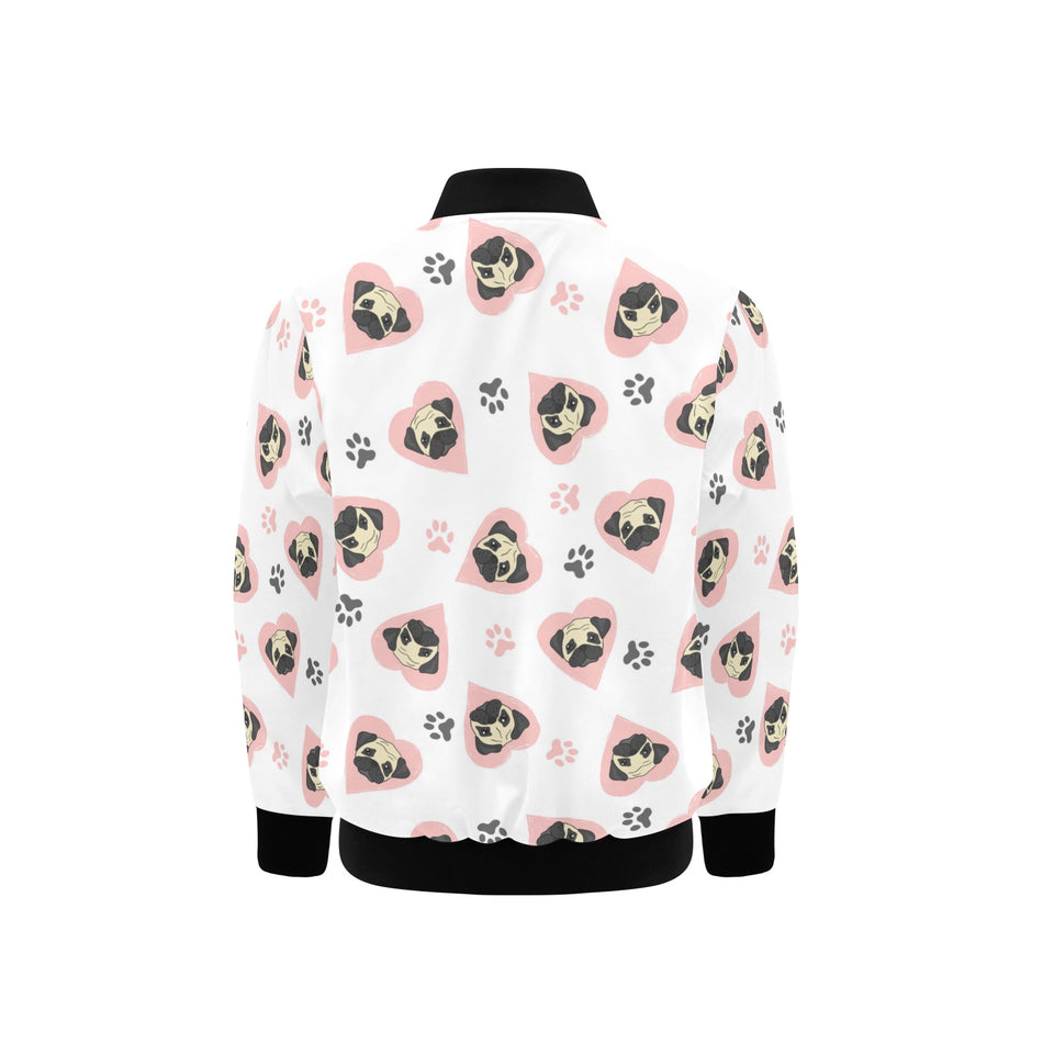 Cute pugs pink heart paw pattern Kids' Boys' Girls' Bomber Jacket