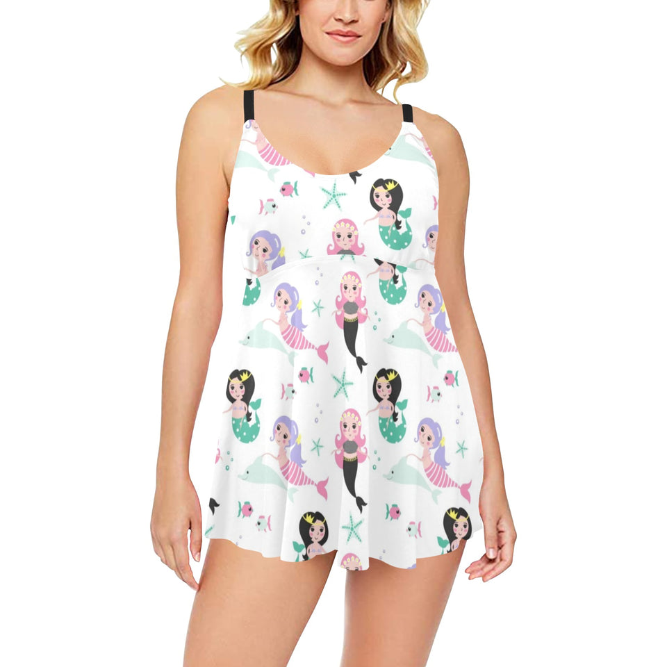 cute mermaid dolphin fish starfish pattern Chest Sexy Pleated Two Piece Swim Dress