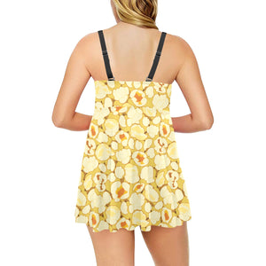 Popcorn Pattern Print Design 04 Chest Sexy Pleated Two Piece Swim Dress