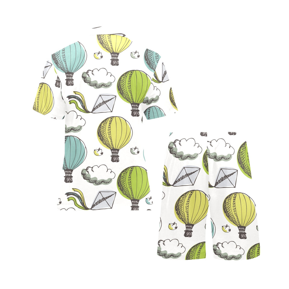 Hot Air Balloon Bird Cloud Pattern Men's V-Neck Short Pajama Set