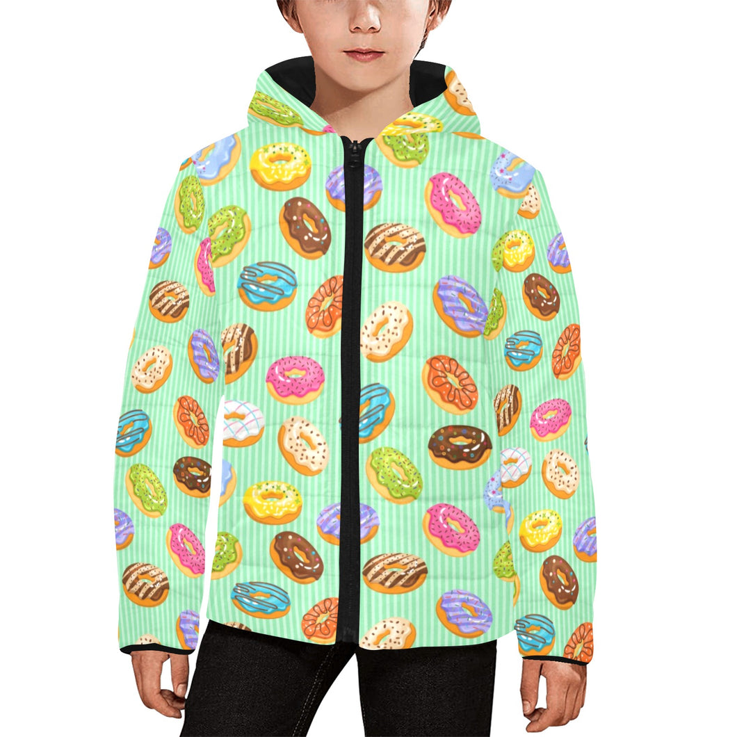 Colorful donut pattern green background Kids' Boys' Girls' Padded Hooded Jacket