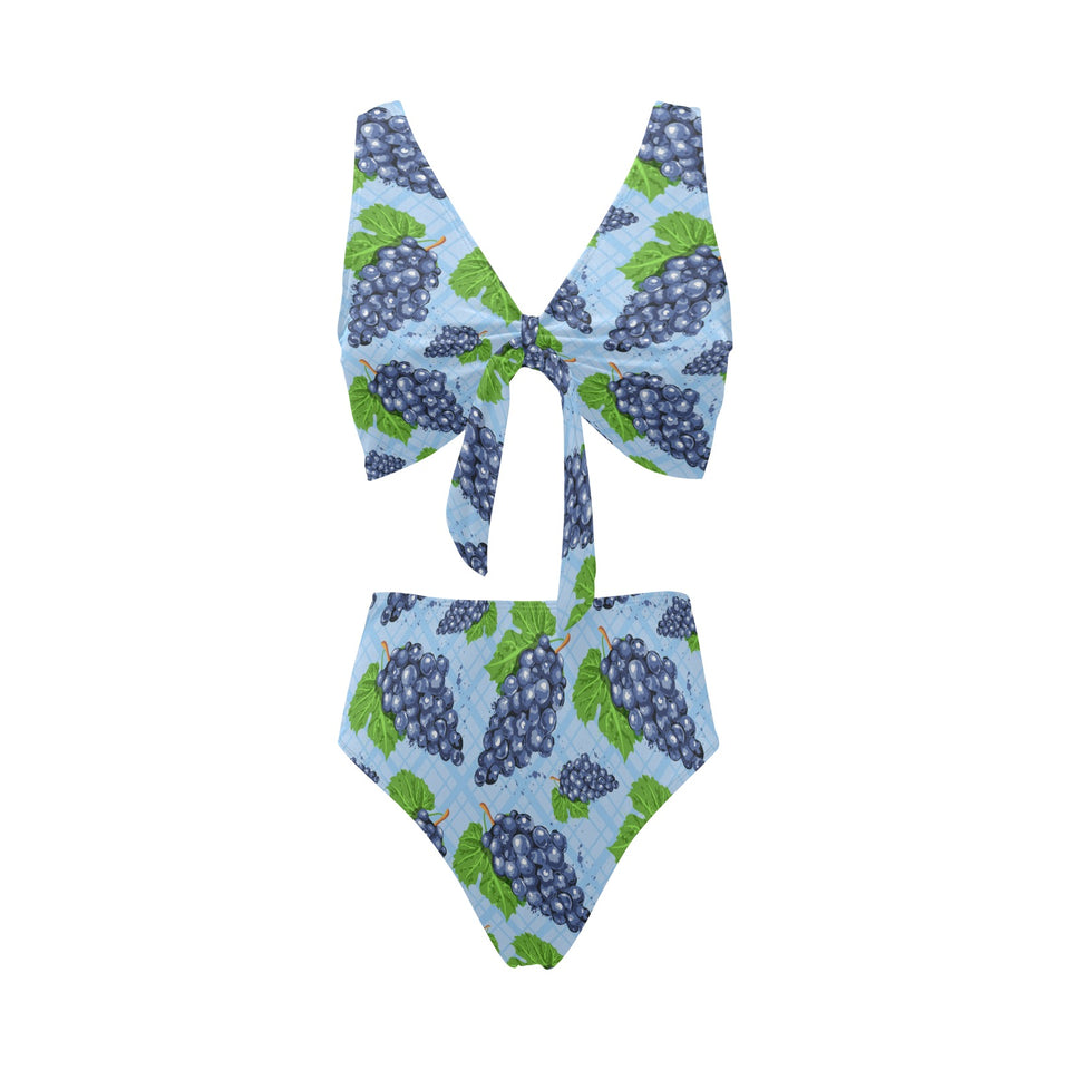 Watercolor grape pattern Chest Bowknot High Waisted Bikini Swimsuit