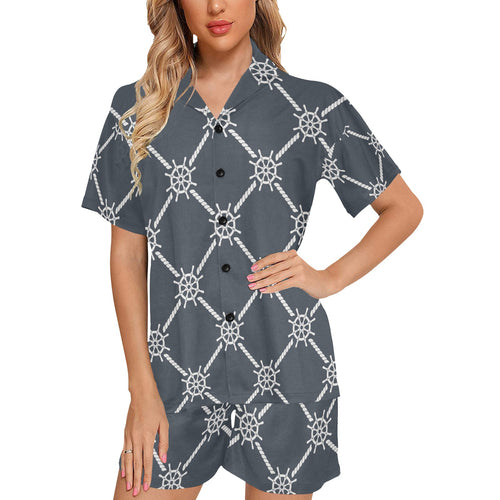 nautical steering wheel rope pattern Women's V-Neck Short Pajama Set