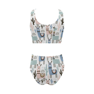 lama Alpaca cactus hand drawn pattern Chest Bowknot High Waisted Bikini Swimsuit