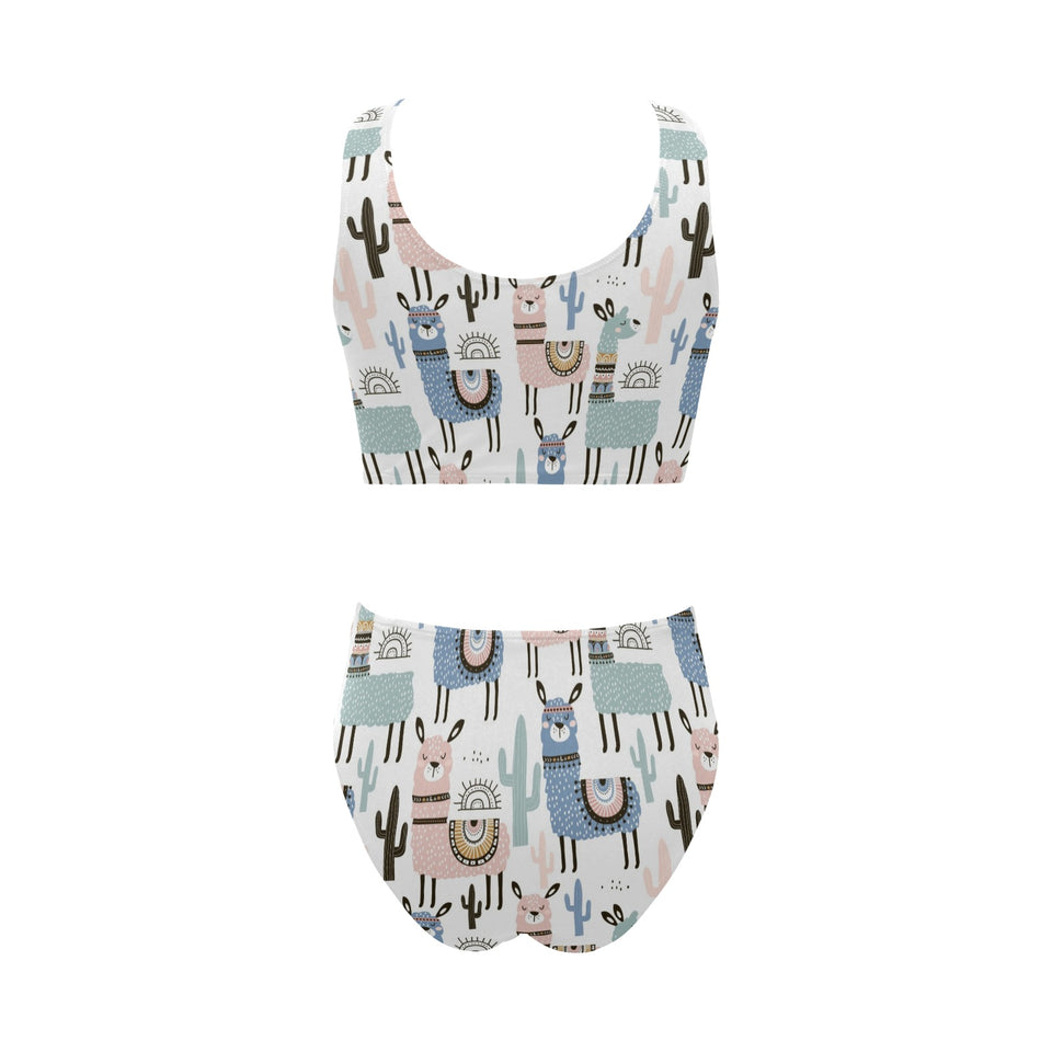 lama Alpaca cactus hand drawn pattern Chest Bowknot High Waisted Bikini Swimsuit