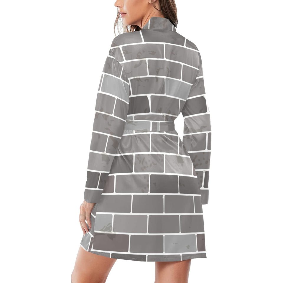 Brick Printed Pattern Print Design 05 Women's Long Sleeve Belted Night Robe
