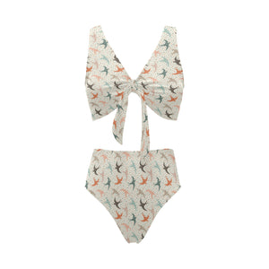 Swallow Pattern Print Design 02 Chest Bowknot High Waisted Bikini Swimsuit
