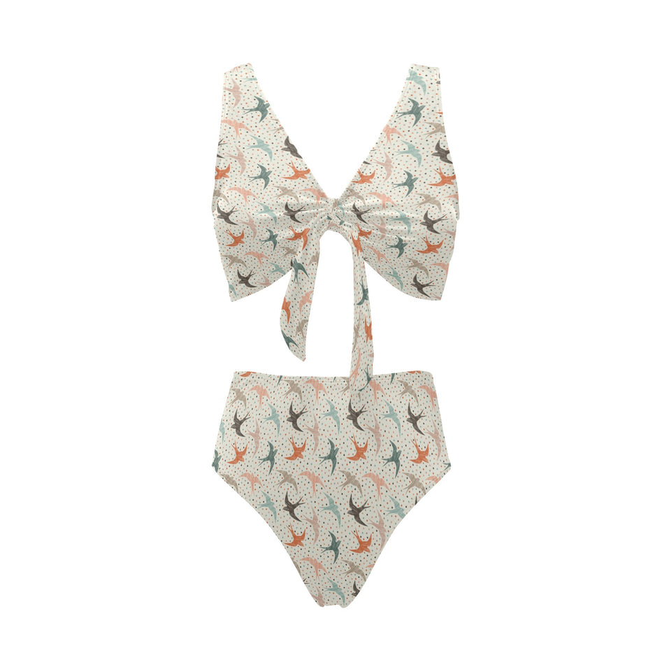 Swallow Pattern Print Design 02 Chest Bowknot High Waisted Bikini Swimsuit