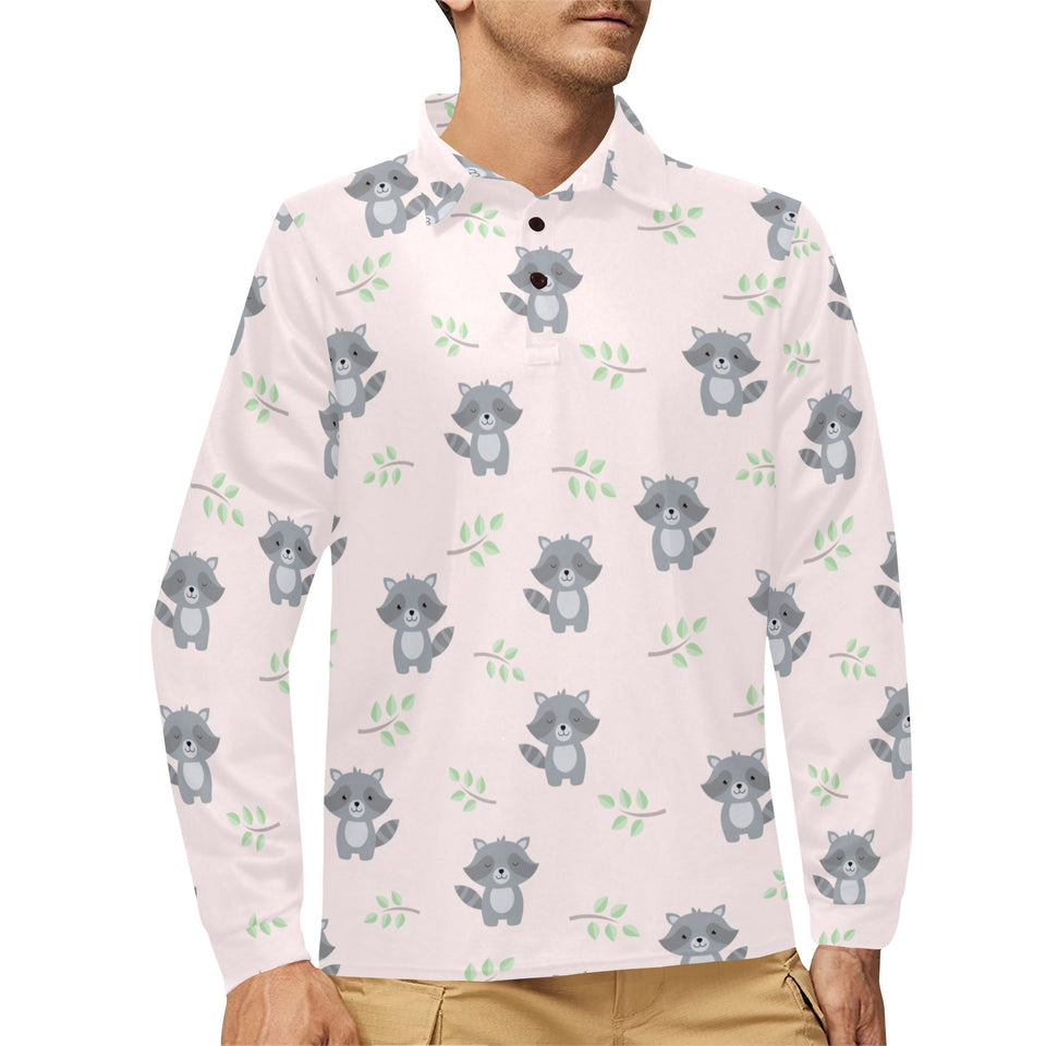 cute raccoons leaves pattern Men's Long Sleeve Polo Shirt