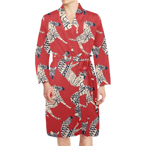Zebra abstract red background Men's Long Sleeve Belted Night Robe