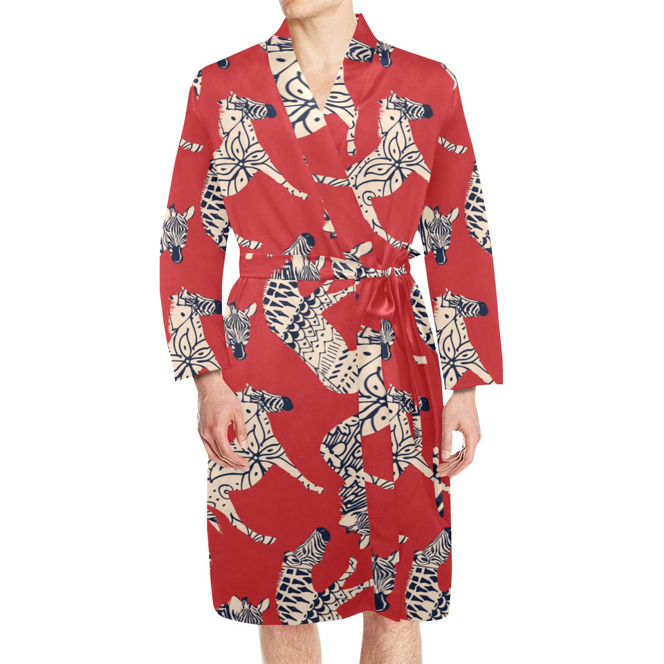 Zebra abstract red background Men's Long Sleeve Belted Night Robe