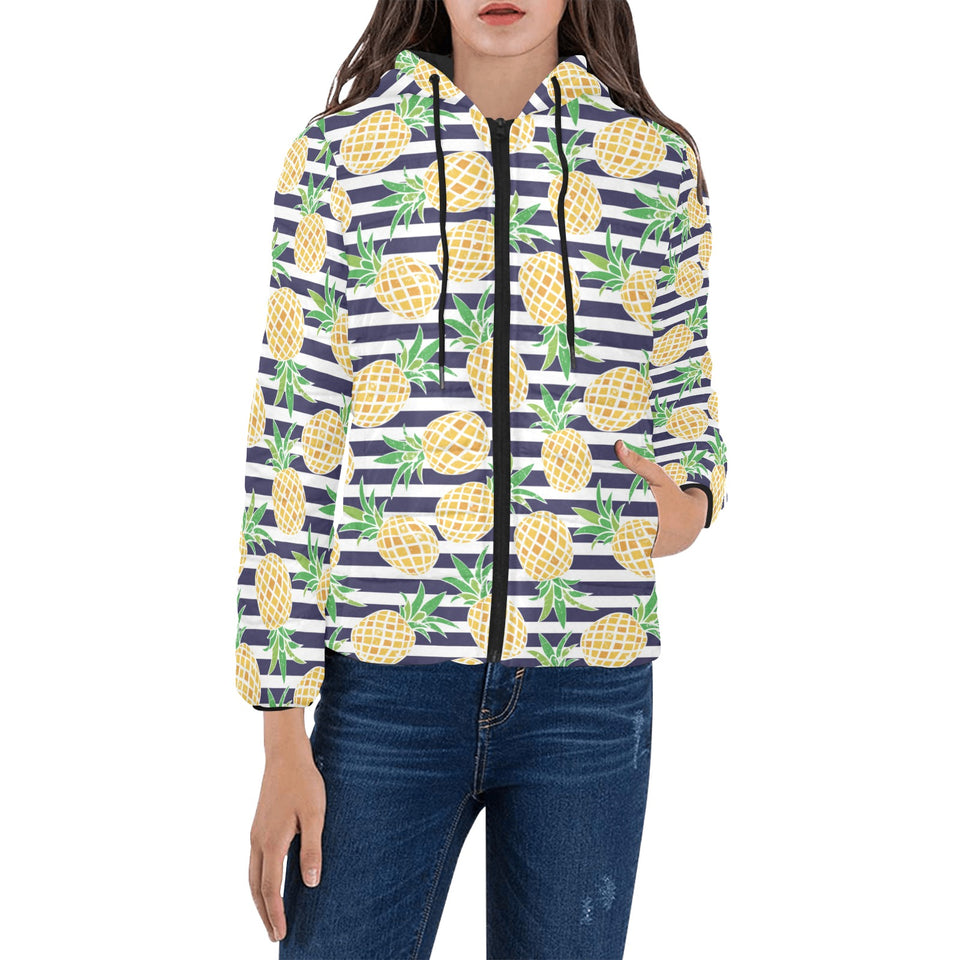Pineapples pattern striped background Women's Padded Hooded Jacket