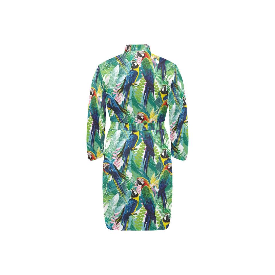 Colorful parrot exotic flower leaves Men's Long Sleeve Belted Night Robe