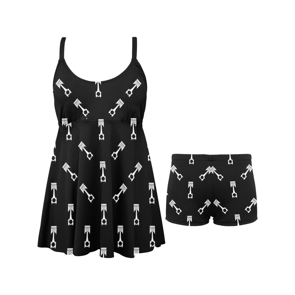 Engine Piston Black Theme Pattern Print Design 03 Chest Sexy Pleated Two Piece Swim Dress
