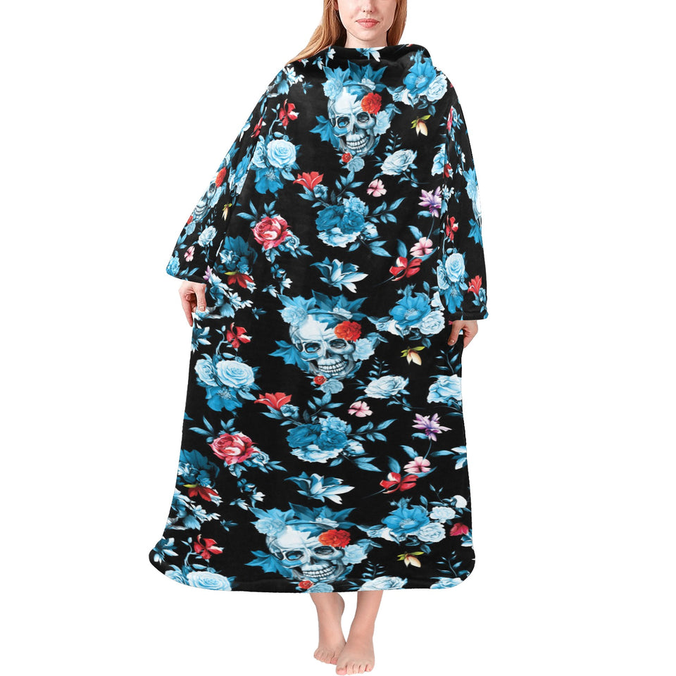 Skull flower roses leave pattern Blanket Robe with Sleeves