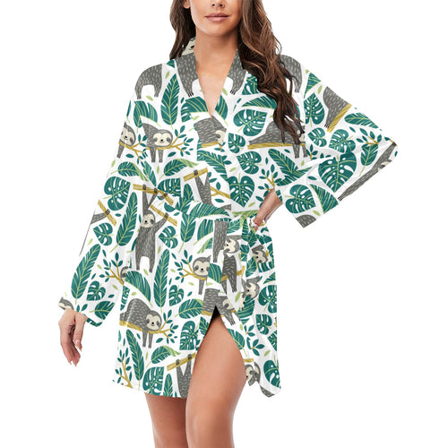 Cute sloths tropical palm leaves white background Women's Long Sleeve Belted Night Robe