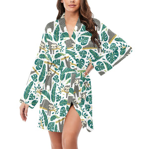 Cute sloths tropical palm leaves white background Women's Long Sleeve Belted Night Robe