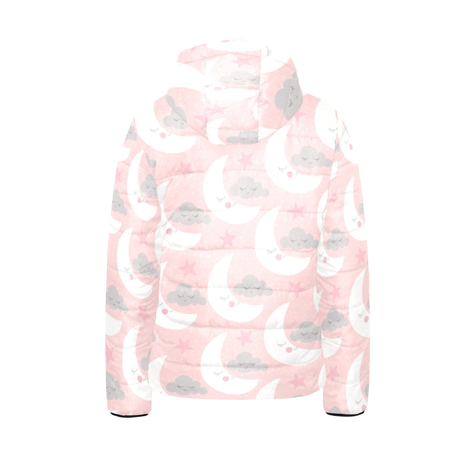 Cute moon cloud star pattern pink dot background Kids' Boys' Girls' Padded Hooded Jacket