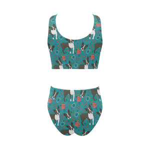 Boston terrier beautiful flower pattern Chest Bowknot High Waisted Bikini Swimsuit