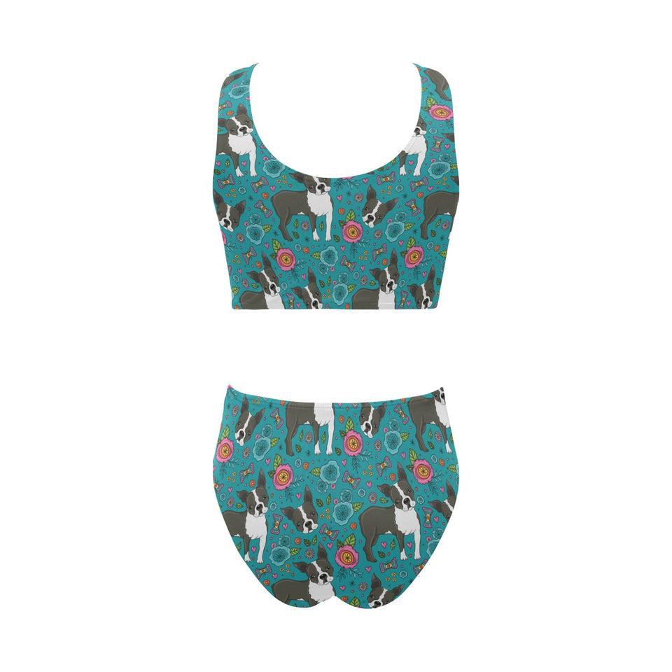 Boston terrier beautiful flower pattern Chest Bowknot High Waisted Bikini Swimsuit